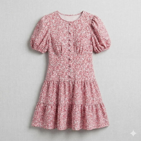 Zara Red White Blue Floral Tiered Mini Dress Puff Sleeve Button Front Size - Picture 2 of 10